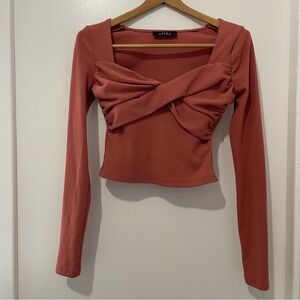 AKIRA Ribbed Rust Twist-Front Crop Top | Y2K Coquette & Soft Girl